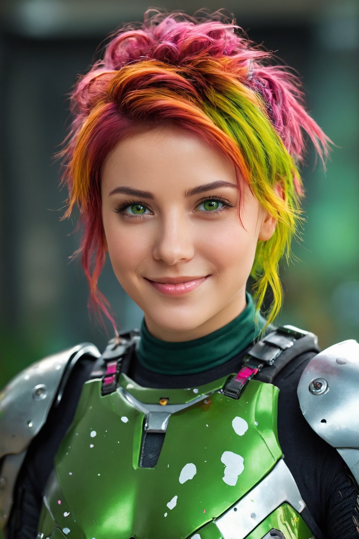 cyborg,girl,armor suit,colorful hair,green eyes,cute smile,messy hair,portrait,(best quality,4k,8k,highres,masterpiece:1.2),ultra-detailed,(realistic,photorealistic,photo-realistic:1.37),HDR,UHD,studio lighting,ultra-fine painting,sharp focus,physically-based rendering,extreme detail description,professional,vivid colors,bokeh,portraits