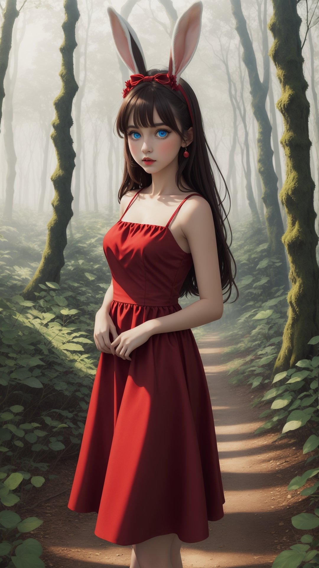 A girl rabbit with big blue eyes and a red dress in a dreamy forest