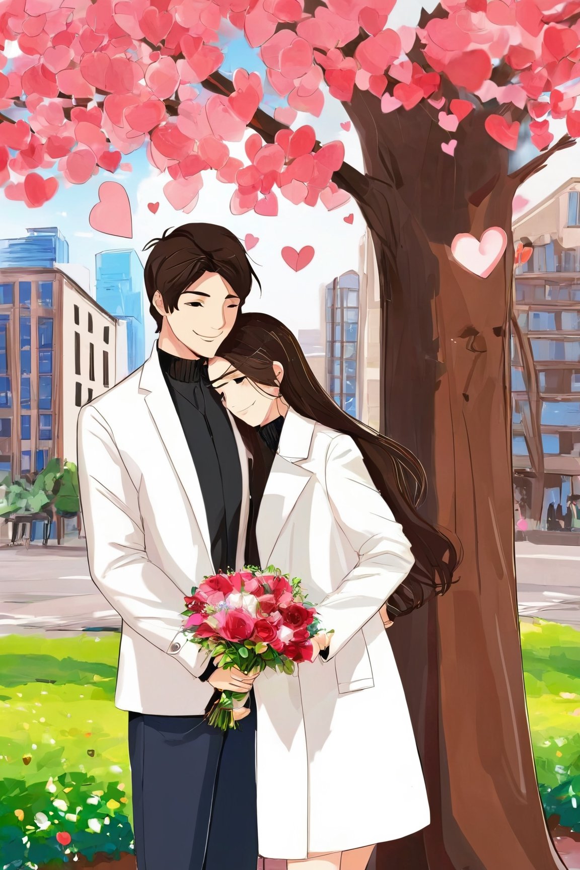 AiArtV,Valentines Day, 1girl,long hair,smile,brown hair,black hair,1boy,dress,holding,brown eyes,jewelry,jacket,flower,hetero,earrings,outdoors,parted lips,day,pants,looking at another,tree,petals,white jacket,couple,building,eye contact,hand in pocket,bouquet,holding bouquet