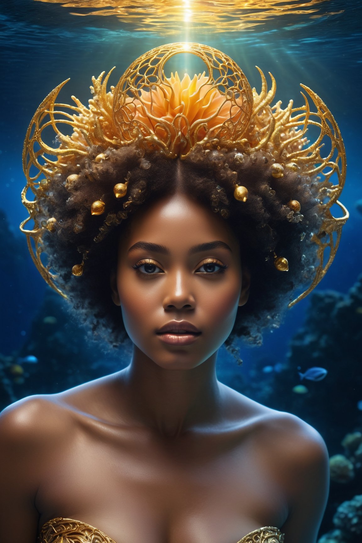 (best quality,8K,highres,masterpiece), capturing a surreal and ethereal portrait of a woman whose presence intertwines the mystical essence of space with the enchanting depths of the ocean. Her afro forms a halo around her head, reminiscent of Saturn's rings, crafted from highly detailed golden filigree with intricate motifs resembling organic tracery. This ghostly three-dimensional effect, surrounded by a glowing aura, merges cosmic dust and glowing particles to create a magical atmosphere. Instead of traditional space, she is set against an animated coral reef background, where the realism of the seabed and bright spots of marine life add a vivid contrast to her cosmic attributes. The portrait combines the techniques of hyperrealism and soft and sharp focus to highlight the seamless blend of celestial and underwater elements. The use of natural light and perfect composition, characteristic of award-winning photography, enhances the hyper-detailed, animated qualities of both the subject and her surroundings, achieving a masterpiece of visual art that transcends traditional boundaries.