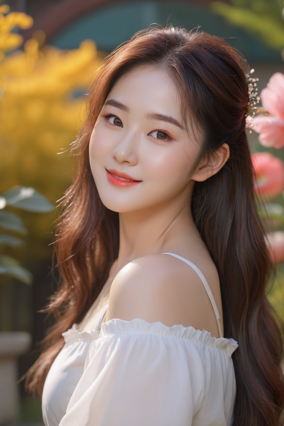 (best quality, masterpieces:1.2, ultra high resolution, 8k, realistic:1.4), 1girl, korean, cute smile, off-the-shoulders, cinematic lighting, beautiful detailed eyes, beautiful detailed lips, longeyelashes, soft skin, flowing hair, colorful garden backdrop, vibrant colors, sunshine ambiance,Korean