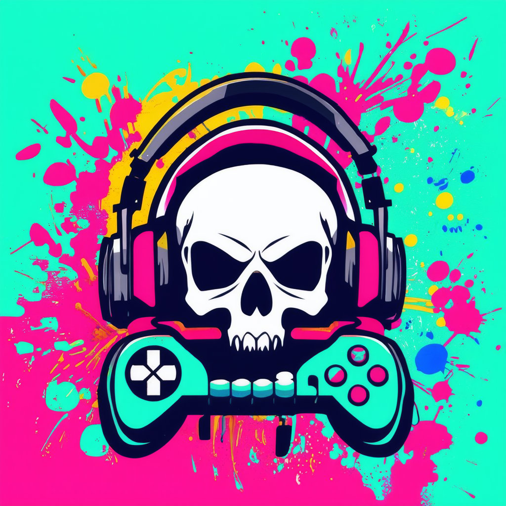 gaming logo design,  an illustration of a skull with headphones and a video game controller in front of a colorful paint splatter background