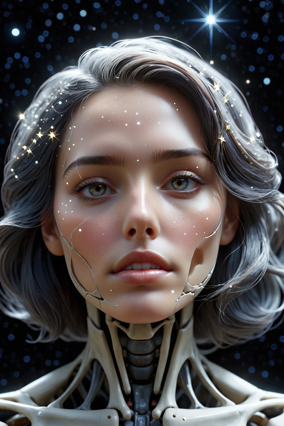 (best quality,8K,highres,masterpiece), ultra-detailed, featuring a woman with her face obscured by a grey square, set against a cosmic, star-filled background. The woman appears to be wearing or integrated with an intricate skeletal structure that is white and somewhat luminescent. The cosmic backdrop bathes the scene in a mesmerizing array of stars and galaxies, creating a sense of vastness and wonder. The obscured face adds an air of mystery and intrigue, inviting viewers to ponder the hidden depths of the character's identity. Meanwhile, the intricate skeletal structure adds a touch of ethereal beauty and symbolism, hinting at themes of mortality, transformation, and the interconnectedness of all things. This artwork is a captivating exploration of the human form amidst the cosmic expanse, blending elements of mystery, beauty, and cosmic wonder.