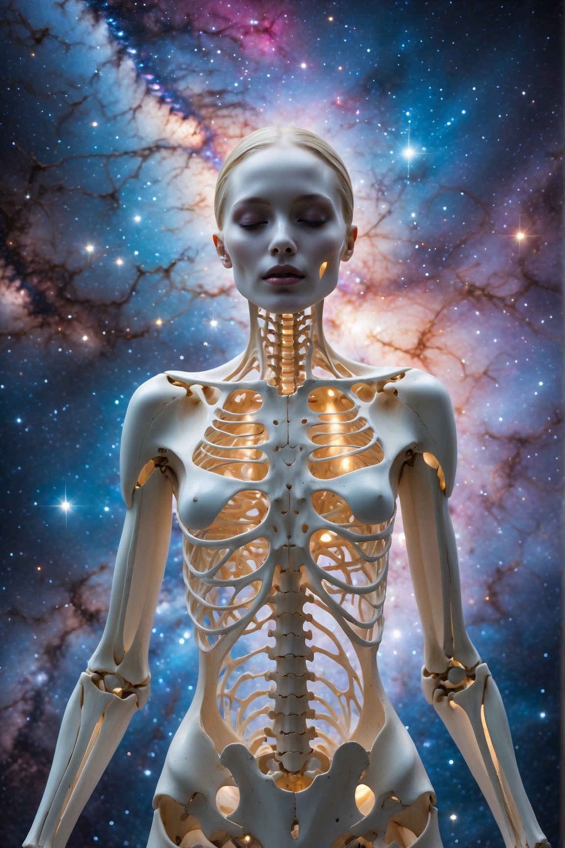 (best quality,8K,highres,masterpiece), ultra-detailed, featuring a woman with her face obscured by a grey square, set against a cosmic, star-filled background. The woman appears to be wearing or integrated with an intricate skeletal structure that is white and somewhat luminescent. The cosmic backdrop bathes the scene in a mesmerizing array of stars and galaxies, creating a sense of vastness and wonder. The obscured face adds an air of mystery and intrigue, inviting viewers to ponder the hidden depths of the character's identity. Meanwhile, the intricate skeletal structure adds a touch of ethereal beauty and symbolism, hinting at themes of mortality, transformation, and the interconnectedness of all things. This artwork is a captivating exploration of the human form amidst the cosmic expanse, blending elements of mystery, beauty, and cosmic wonder.