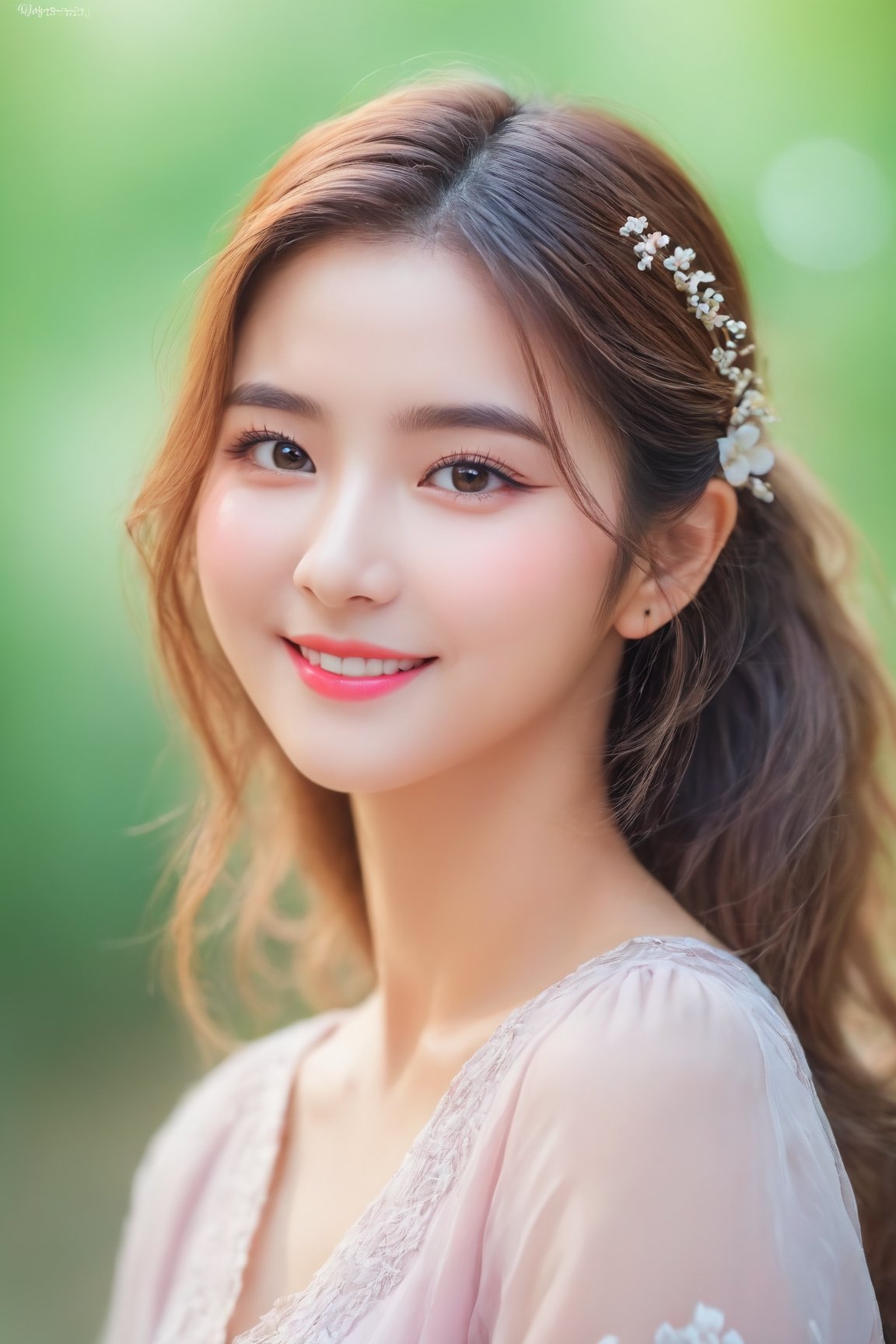 (best quality,4k,8k,highres,masterpiece:1.2),ultra-detailed,(realistic,photorealistic,photo-realistic:1.37),1girl,cute,beautiful detailed eyes,beautiful detailed lips,extremely detailed eyes and face,longeyelashes,Korean-style makeup,glowing skin,flawless complexion,vibrant colors,soft lighting,pastel color palette,playful expression,adorable smile,blush on cheeks,dewy look,feminine appearance,lovely hairstyle,neatly arranged hair,flower hairpin,colorful clothes,stylish outfit,pulling back a strand of hair,image with depth and dimension,soft and airy background,shallow depth of field,bokeh effect,gentle poses,expressive eyes,subtle shadows,sweet and innocent look,positive and joyful mood,warm and friendly ambiance,feeling of youth and charm,simple and clean composition,artistic pencil sketch effect,storybook illustration style