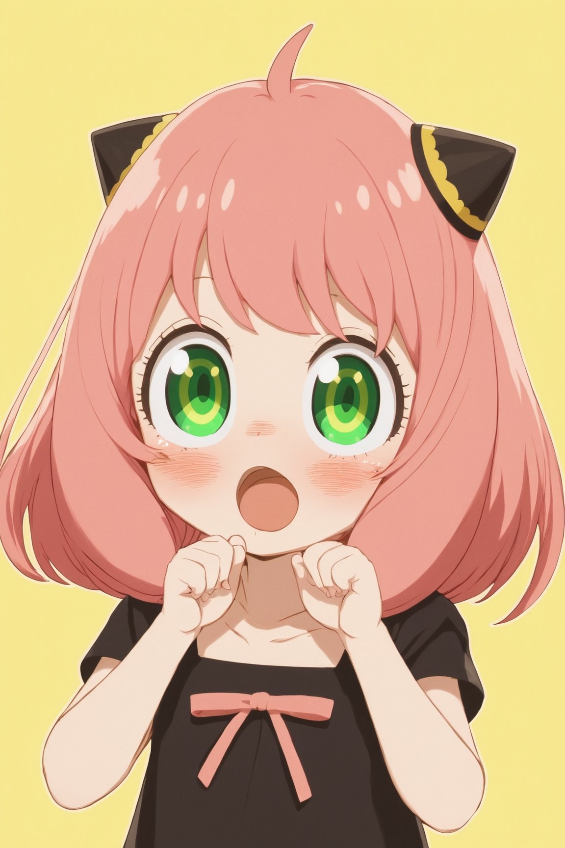 spy x family,  cute tiny, anya forger 1girl, solo, looking at viewer, blush, open mouth, bangs, simple background, dress, hair between eyes, green eyes, upper body, pink hair, ahoge, black dress, child, yellow background, female child, hairpods, anya (spy x family) spy x family,  cute tiny, anya forger