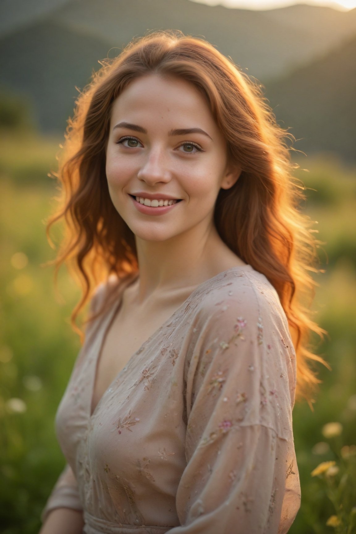 (best quality, 8k, highres, masterpiece:1.2), photorealistic, ultra-detailed, vibrant photography of a woman in nature, cute smile, dramatic lighting, finely detailed beautiful eyes, fine detailed skin, Natural scenery, majestic landscape, colorful flowers, distant mountains, flowing rivers, melting sunset, serene atmosphere, dazzling sunlight, blissful vibes, freckled face, luscious greenery, soft breeze, ethereal beauty