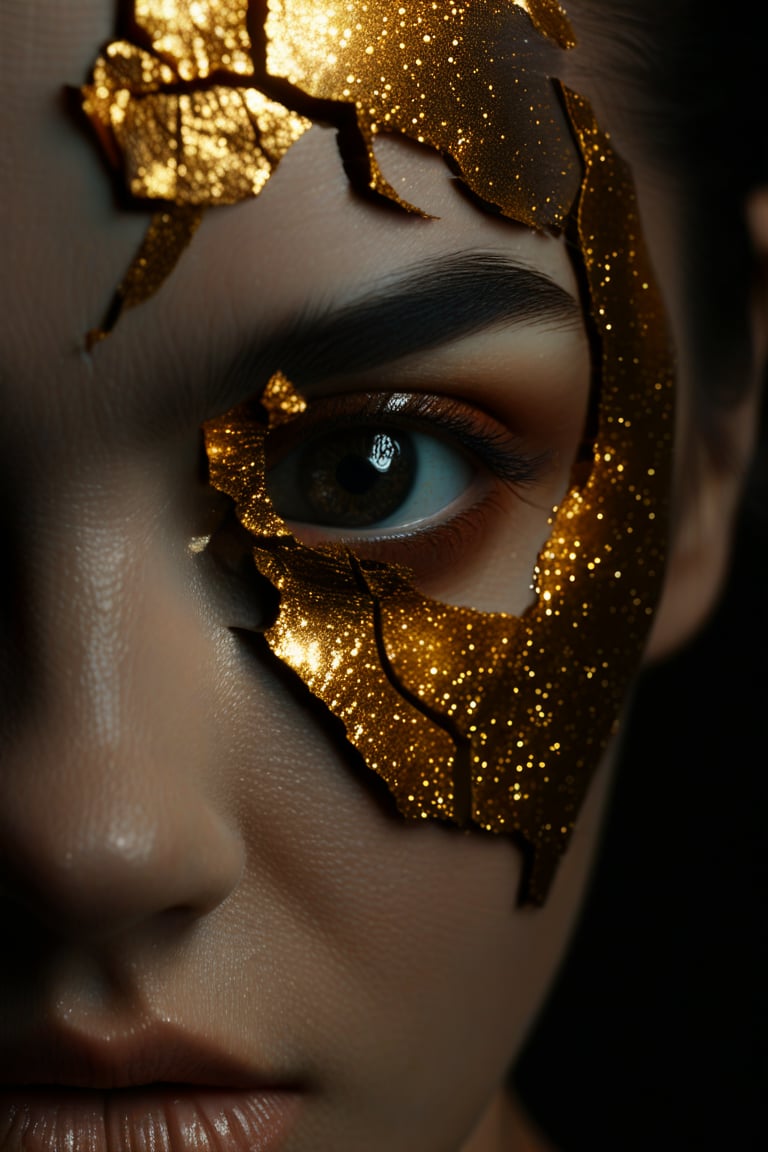 best quality, 4k, 8k, masterpiece, ultra-detailed, photorealistic, a close up of the face of a woman with gold eyes and a crack on her face in front of a black background