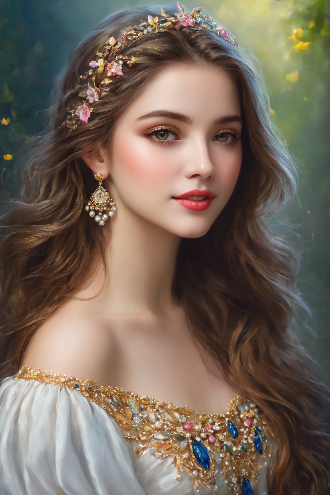 (best quality,4k,8k,highres,masterpiece:1.2),ultra-detailed,realistic,portrait,female,beautiful detailed eyes,beautiful detailed lips,cute smile,fancy style,medium:oil painting,soft brush strokes,vibrant colors,delicate features,graceful pose,flowing hair,gorgeous dress,sparkling jewelry,subtle shading,ethereal atmosphere,gentle lighting,magical ambiance,harmonious color palette,sublime beauty