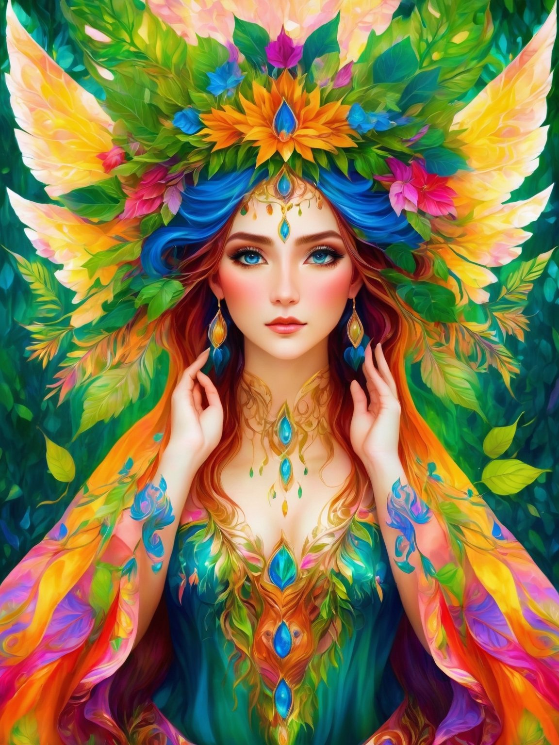 (best quality, 8K, highres, masterpiece:1.2), ultra-detailed, (fantasy creature, mythical being, otherworldly:1.3), nature goddess transformed into a fantastical creature with a body made of vibrant, swirling leaves and petals. This enchanting portrait captures her amidst a lush greenery filled with wildflowers of every color. Her eyes are a breathtaking kaleidoscope, and she wears a serene expression that radiates ethereal beauty. In a graceful and dynamic pose, she moves with the wind, her luminous skin glowing in the soft, natural light filtering through the canopy above. Her flowing hair and an elegant crown of leaves enhance her mythical essence. The vibrant colors of her being create a surreal atmosphere, and a dreamlike aura surrounds her, signifying her harmonious connection with the mystical, enchanted forest.