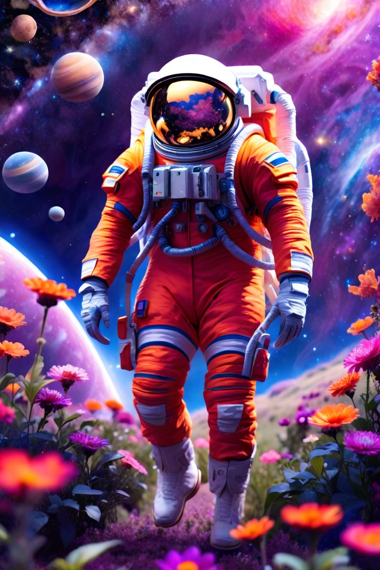 an astronaut in an orange space suit is walking through a field of flowers with planets and stars behind him,outer space