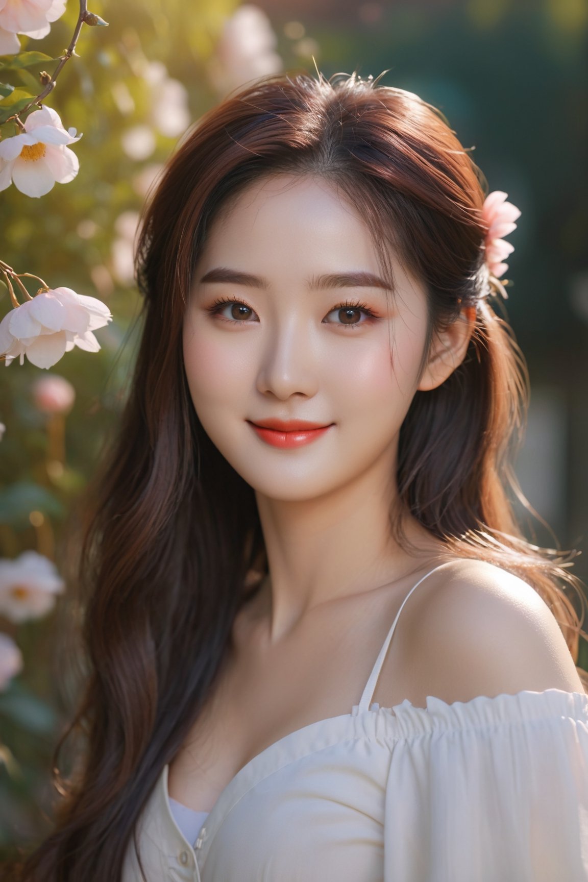 (best quality, masterpieces:1.2, ultra high resolution, 8k, realistic:1.4), 1girl, korean, cute smile, off-the-shoulders, cinematic lighting, beautiful detailed eyes, beautiful detailed lips, longeyelashes, soft skin, flowing hair, colorful garden backdrop, vibrant colors, sunshine ambiance,Korean