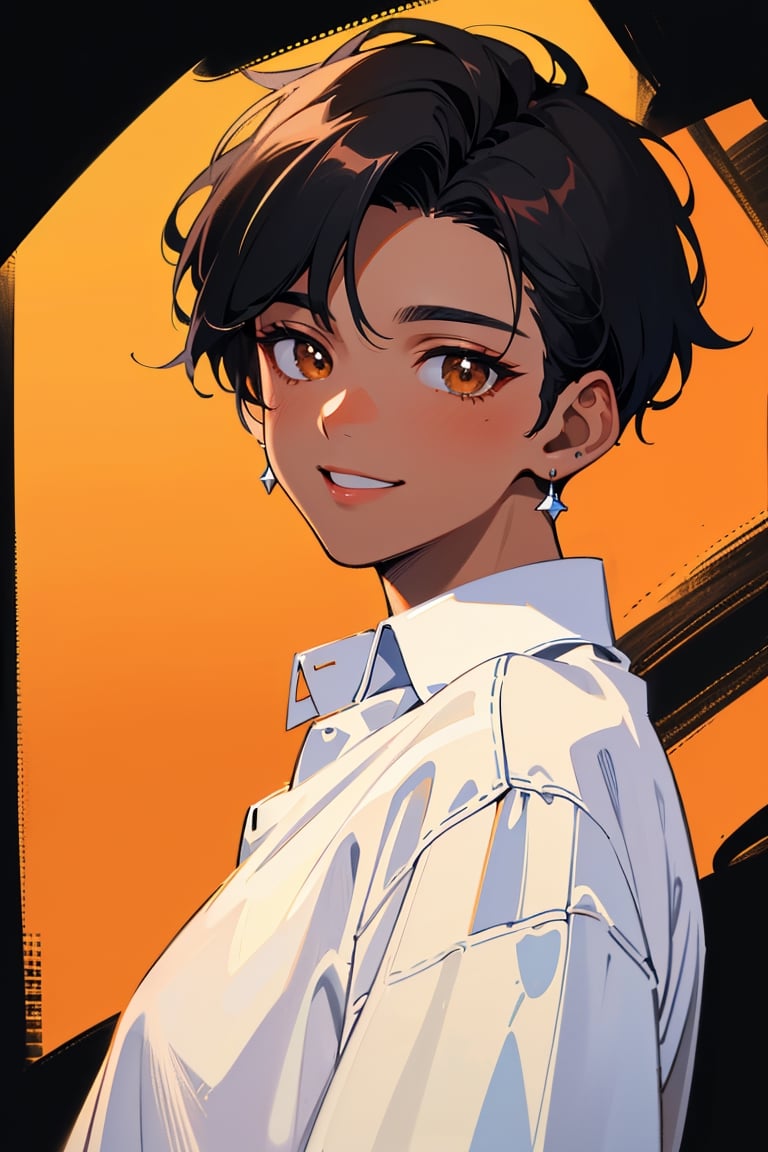 (best quality, 4k, 8k, highres, masterpiece:1.5), ultra-detailed,anime, solo,looking at viewer,smile,short hair,shirt,black hair,1boy,brown eyes,jewelry,white shirt,upper body,male focus,earrings,dark skin,dark-skinned male,very short hair,undercut,buzz cut