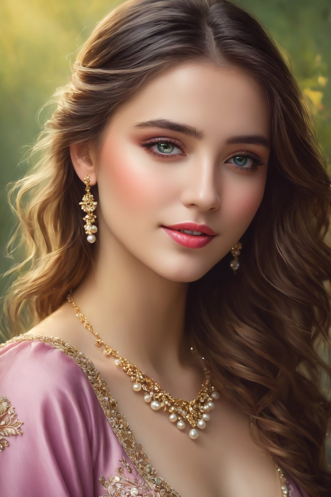 (best quality,4k,8k,highres,masterpiece:1.2),ultra-detailed,realistic,portrait,female,beautiful detailed eyes,beautiful detailed lips,cute smile,fancy style,medium:oil painting,soft brush strokes,vibrant colors,delicate features,graceful pose,flowing hair,gorgeous dress,sparkling jewelry,subtle shading,ethereal atmosphere,gentle lighting,magical ambiance,harmonious color palette,sublime beauty