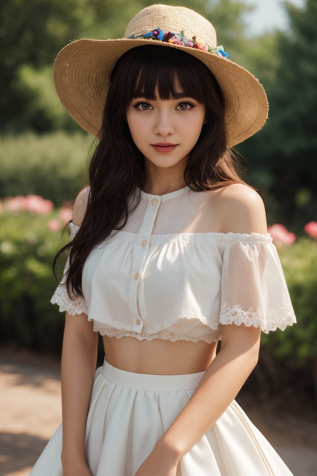 Medium view, medium shot, depth of field, bust, upper body, cinematic angle, masterpiece, best quality, super detailed, CG, 8K wallpaper, beautiful face, delicate eyes, a maiden, solo, smile, bangs, skirt, shirt, hat, dress, bow, petals, bouquet