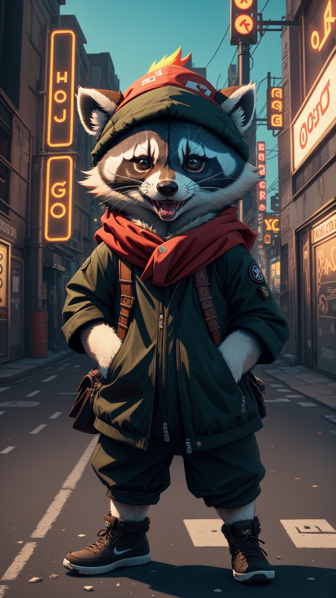 (best quality,highres), 3D video game raccoon wearing a bandana on his head, demands money, vibrant colors, detailed fur, intense expression, dynamic pose, urban street backdrop, digital art, neon lights, game character, mischievous vibe