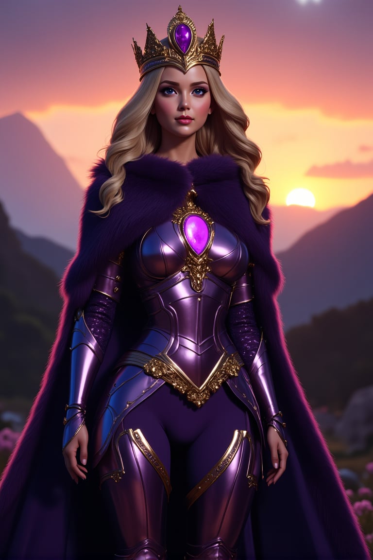 A regal queen warrior stands against a dramatic sunset backdrop, with distant mountains silhouetted in the background. She wears an ornate, gold crown with intricate designs and a central amethyst gemstone, symbolizing her royal status. Her long blonde hair flows gently in the wind. She is adorned in royal purple armor with golden embellishments, showcasing detailed filigree and a large, glowing purple gem embedded in the chest plate. The luxurious, dark purple fur cape drapes over her shoulders, adding to her majestic presence. The scene captures a mix of elegance, power, and mystery, with a soft, ambient glow from the fading sunlight illuminating her armor and the distant landscape, giving the atmosphere a mystical and heroic quality.