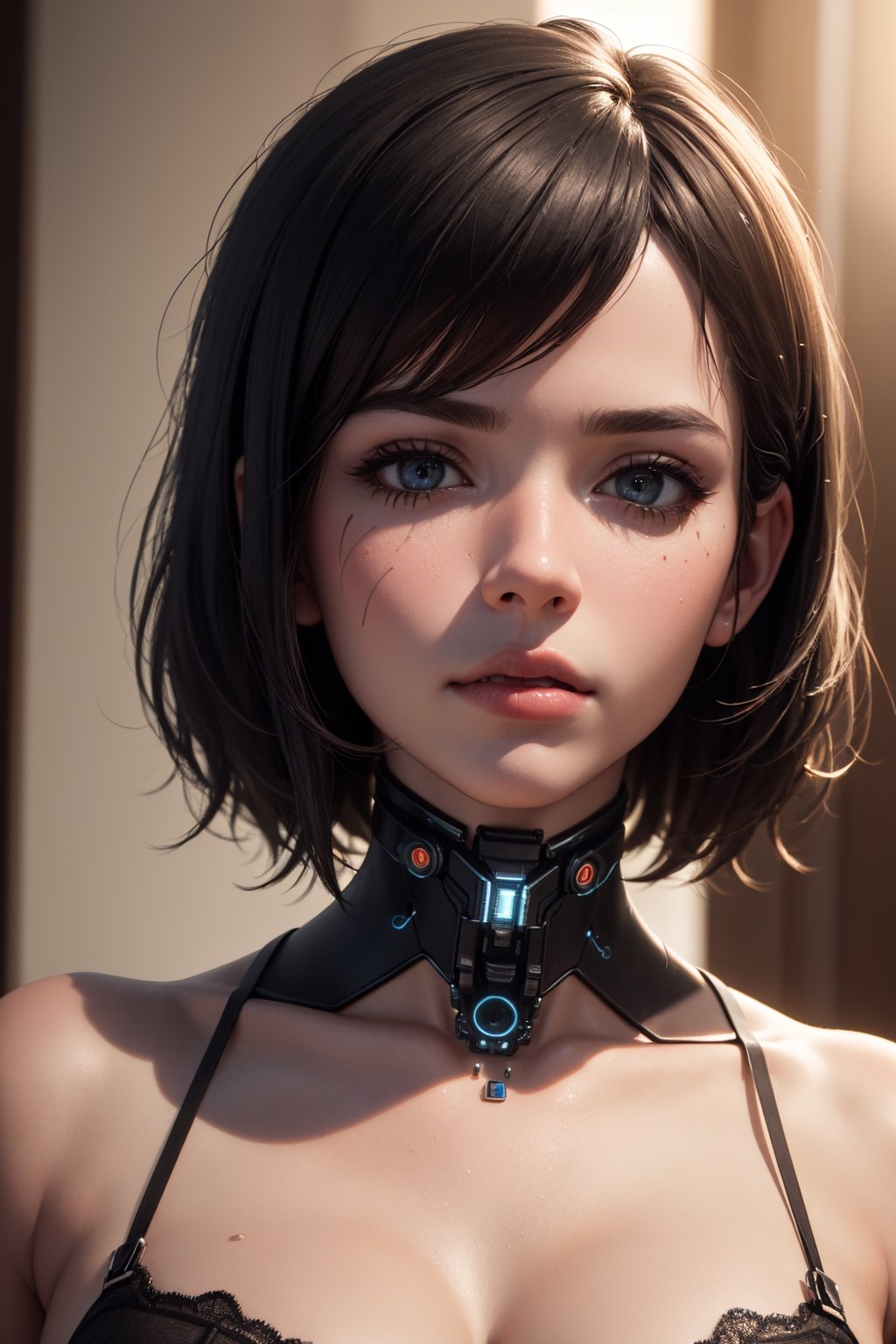 (best quality, 8K, ultra-detailed, masterpiece), (octane render, 3D illustration), Craft an extraordinary masterpiece in 8K detail. Present a stunningly intricate 3D render of a beautiful porcelain profile woman android, seamlessly blending cyborg and robotic elements into her visage. The studio lighting bathes her in soft, luxurious light, with a captivating rim light enhancing her vibrant details. This scene should evoke the essence of a luxurious cyberpunk world, complete with delicate lace details, hyperrealistic anatomical features, visible facial muscles, intertwining cable electric wires, and embedded microchips, all contributing to her elegant and sophisticated appearance. Achieve the pinnacle of realism and artistry, with octane render technology ensuring every facet of this masterpiece is truly breathtaking. An official art-quality, extremely detailed CG unity rendering with a realistic, photo-realistic touch (1.37) is expected to result in an amazing, finely detailed masterpiece.