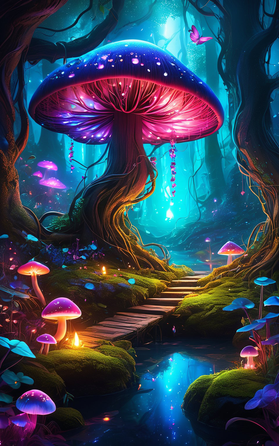 (best quality,8K,highres,masterpiece), ultra-detailed, (enchanted forest with glowing flora), depiction of an enchanted forest filled with bioluminescent plants and magical creatures. The forest is bathed in a soft, otherworldly glow, with vibrant colors and intricate details. The trees are tall and ancient, their branches adorned with glowing flowers and vines. The ground is covered with luminous mushrooms and sparkling streams. The overall composition creates a mystical and serene atmosphere, inviting viewers to explore the magical world within.