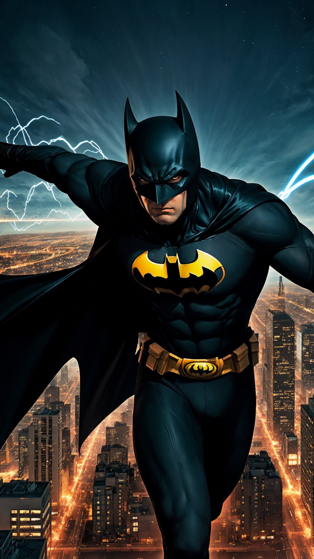 "Generate an image depicting an ultra Sonic-powered version of Batman  in a dynamic and action-packed pose. Show  suit emanating vibrant energy waves, with a futuristic cityscape in the background, highlighting the sheer power and speed of this upgraded superhero."