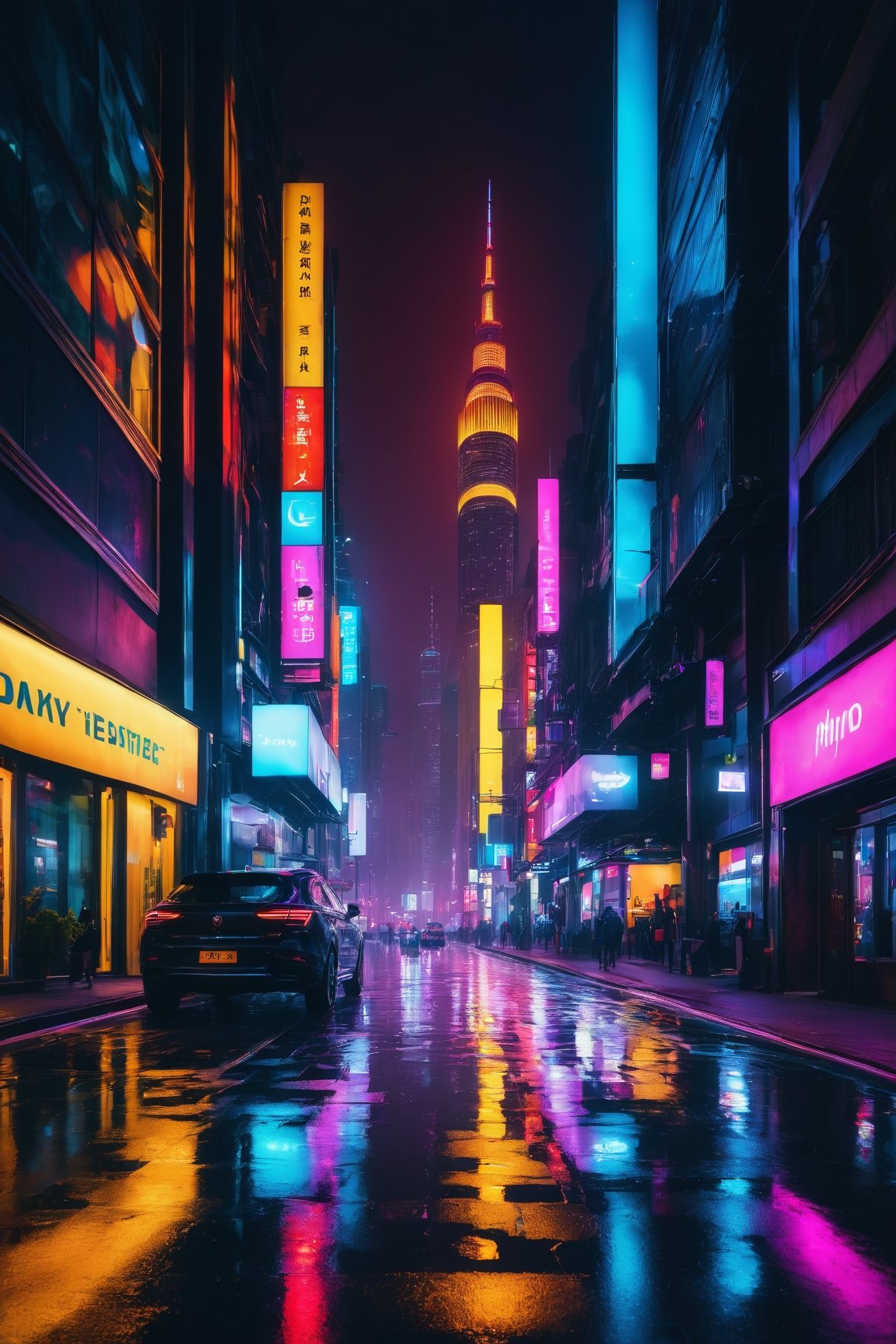 a vibrant cityscape with neon lights and a cinematic atmosphere,(best quality,4k,8k,highres,masterpiece:1.2),ultra-detailed,(realistic,photorealistic,photo-realistic:1.37),HDR,UHD,studio lighting,ultra-fine painting,sharp focus,physically-based rendering,extreme detail description,professional,vivid colors,bokeh,landscape,nighttime,reflective surfaces,glowing signs,bustling streets,people walking,tall skyscrapers,city skyline,traffic lights,light trails,moody atmosphere,contrast of light and shadow,urban energy,modern architecture,an abundance of colors and textures,streets filled with life,ambient sounds,hidden alleyways,steam rising from manholes,the city never sleeps