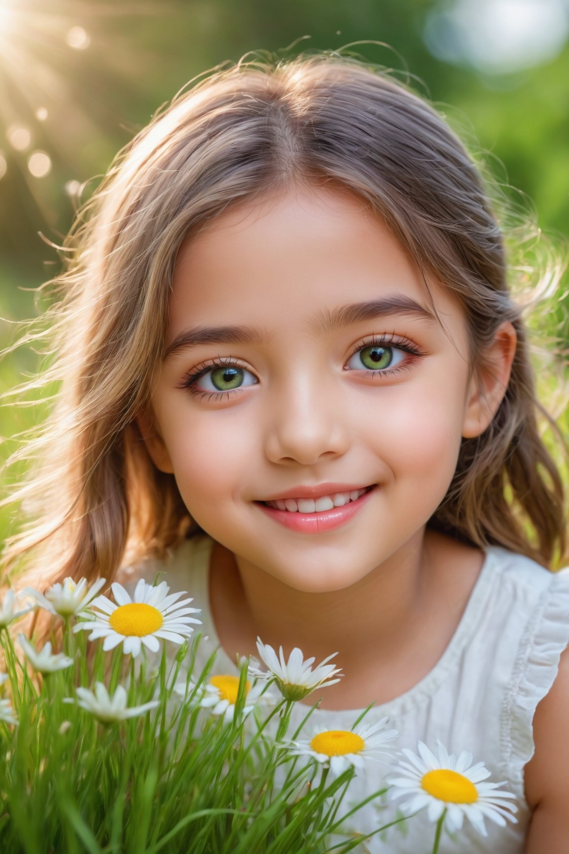 (best quality,4k,8k,highres,masterpiece:1.2),ultra-detailed,(realistic,photorealistic,photo-realistic:1.37),beautiful detailed eyes,beautiful detailed lips,extremely detailed eyes and face,longeyelashes,little girl,cute girl,cute smile,outdoor,illustration,pastel colors,soft lighting,happy expression,green garden,flowers,grass, sunshine