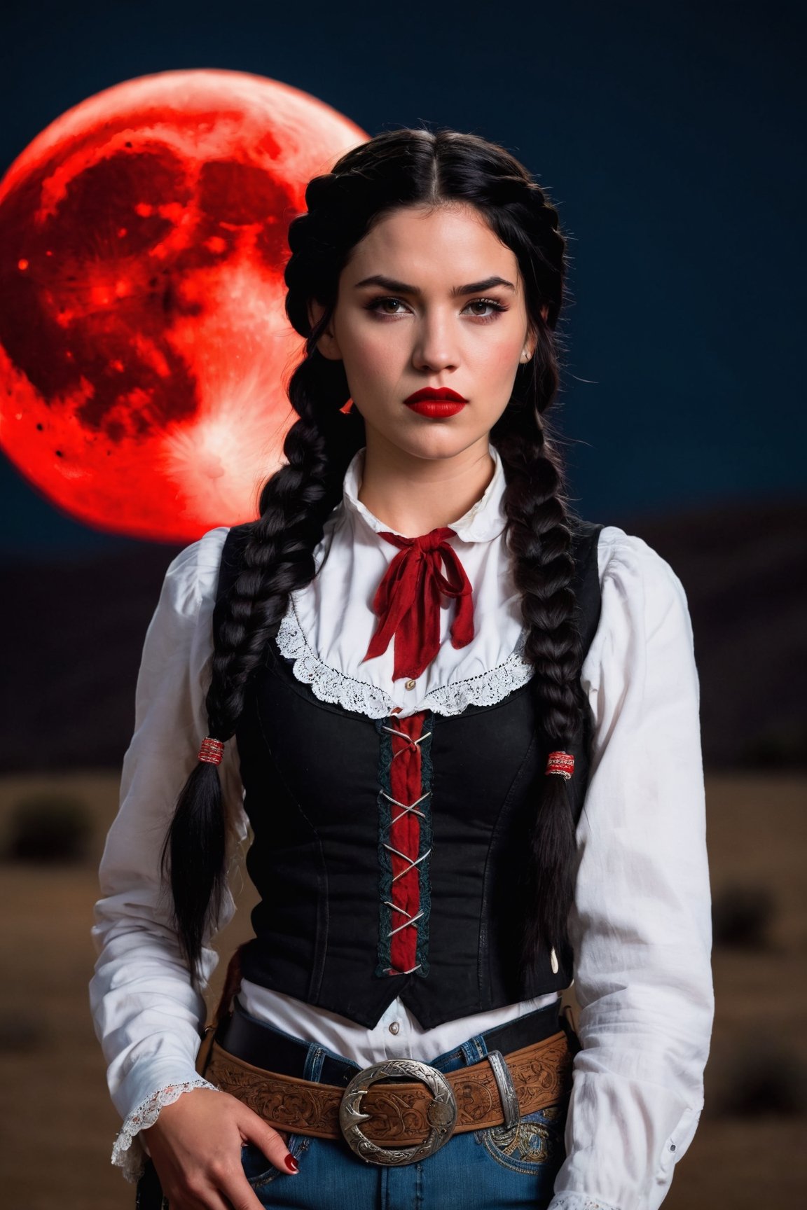 (23-year-old woman), (determined face), (red lips), (black hair braided to the side), (period clothes), (cowboy hat), (blood moon in the background).