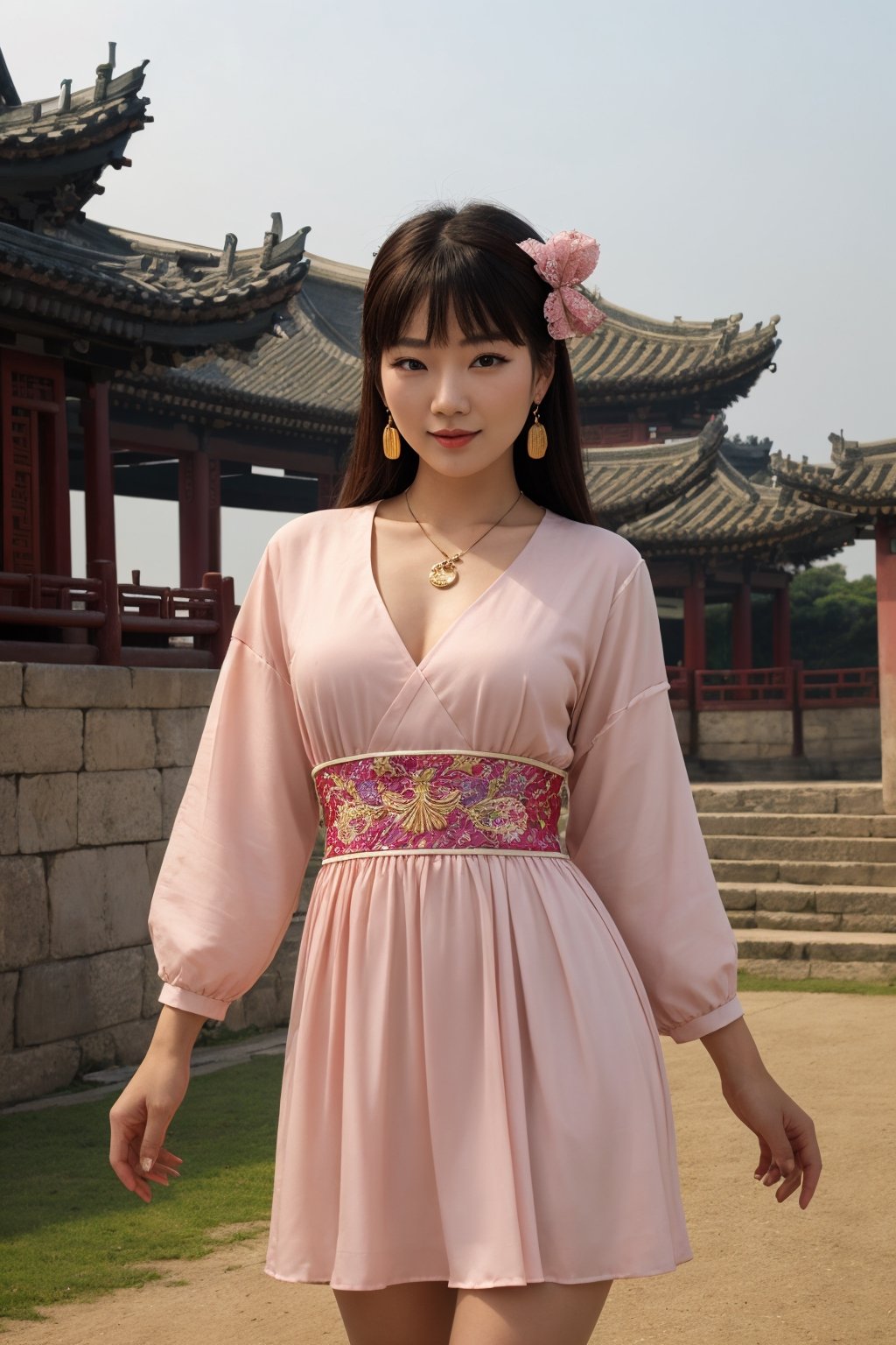 Best quality, masterpiece, high resolution, 1girl, ancient Chinese pink dress, beautiful face, ancient Chinese clothing, bowknot without the original picture, elegant, noble, crown, thin leg, fairy, hair accessory, solo, looking at viewer, smiling, shut up, lips, dress, hair accessory, necklace, jewelry, long hair, earrings, architecture, east asian architecture