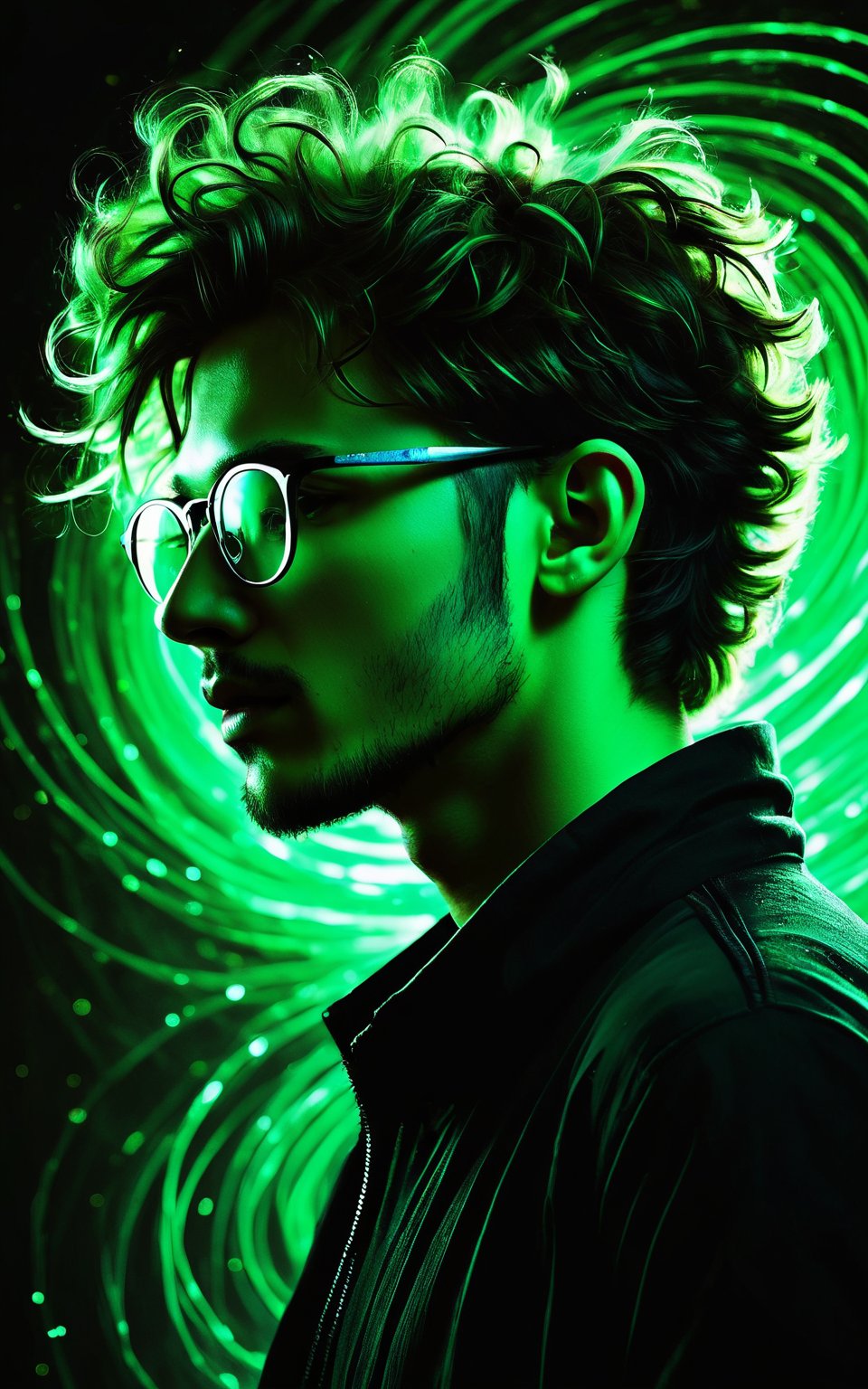 (high quality, digital art, illustration), silhouette of a young man, profile view, messy hair, glasses, dark clothing, green and black color scheme, swirling abstract background, glowing green light, ethereal atmosphere, dynamic lighting, high contrast, intricate linework, magical effect, flowing energy lines, particles and sparkles, mysterious and fantastical ambiance, cinematic composition, high resolution, captivating visuals, enchanting aesthetics.