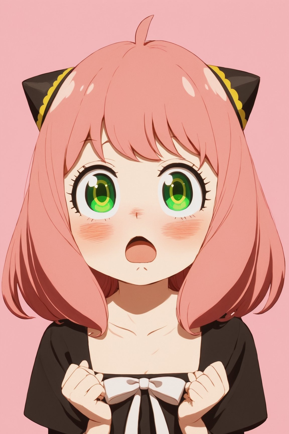 spy x family,  cute tiny, anya forger 1girl, solo, looking at viewer, blush, open mouth, bangs, simple background, dress, hair between eyes, green eyes, upper body, pink hair, ahoge, black dress, child, yellow background, female child, hairpods, anya (spy x family) spy x family,  cute tiny, anya forger