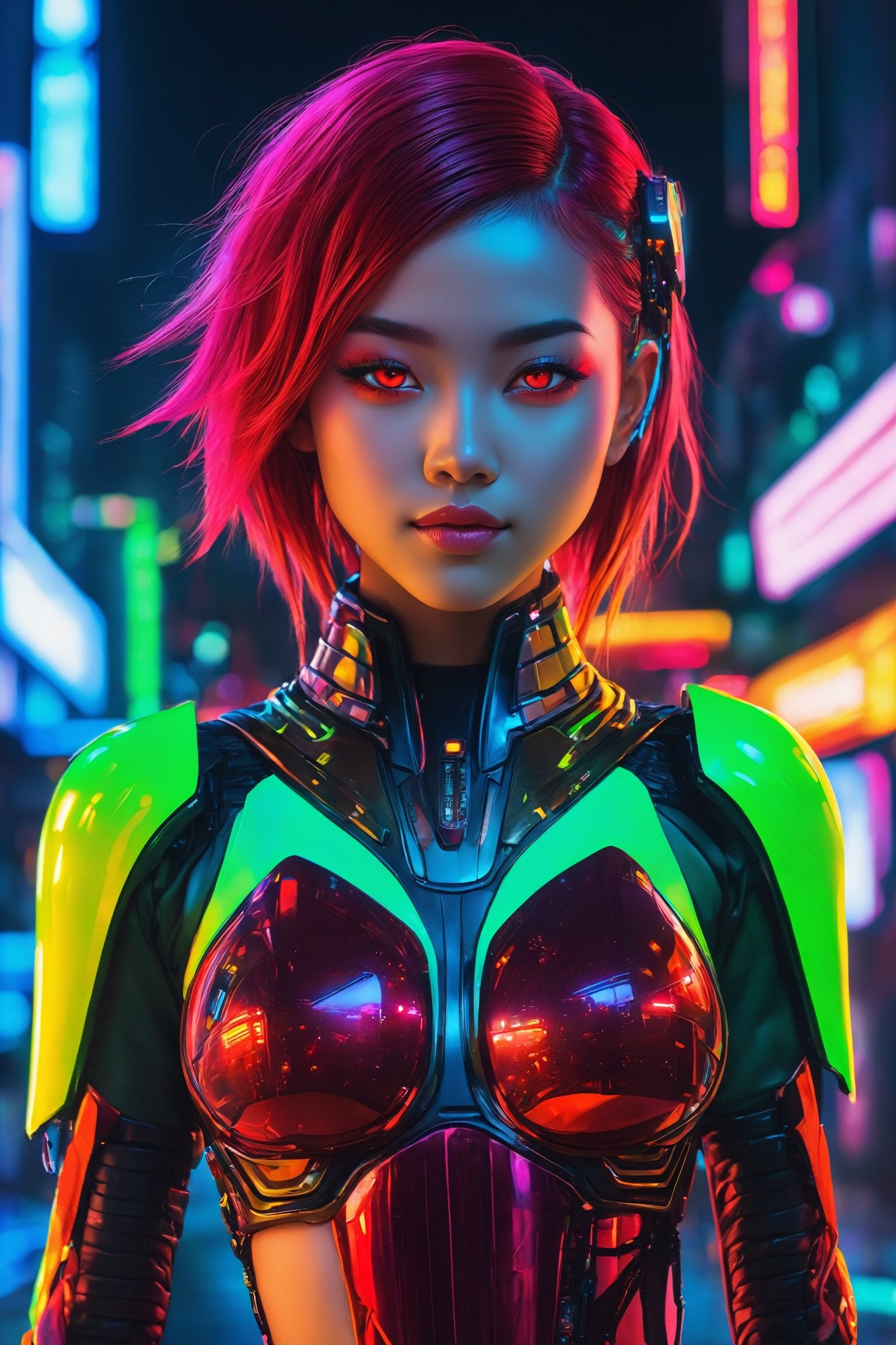 (Vivid neon night, detailed background), (petite cyborg girl, cute face, perky breasts), cute smile, Amidst the vibrant neon night of a futuristic cyberpunk city, the scene bursts with intricate details. A petite and cute cyborg girl, her face perfect and her anatomy flawless, stands with bright, glowing red eyes. Her absurdly long gradient red and green hair flows in the wind as she dons a detailed ribbed impossible bodysuit, featuring shoulder armor and cybernetic limbs, all captured from a dynamic angle.