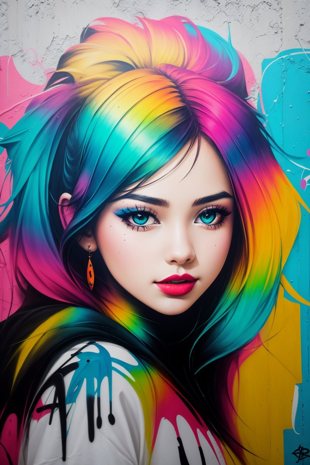 Contemporary street art mural, 1girl, (vibrant graffiti-style wall), A dynamic mix of abstract and figurative elements, brought to life with a bold and captivating color palette.