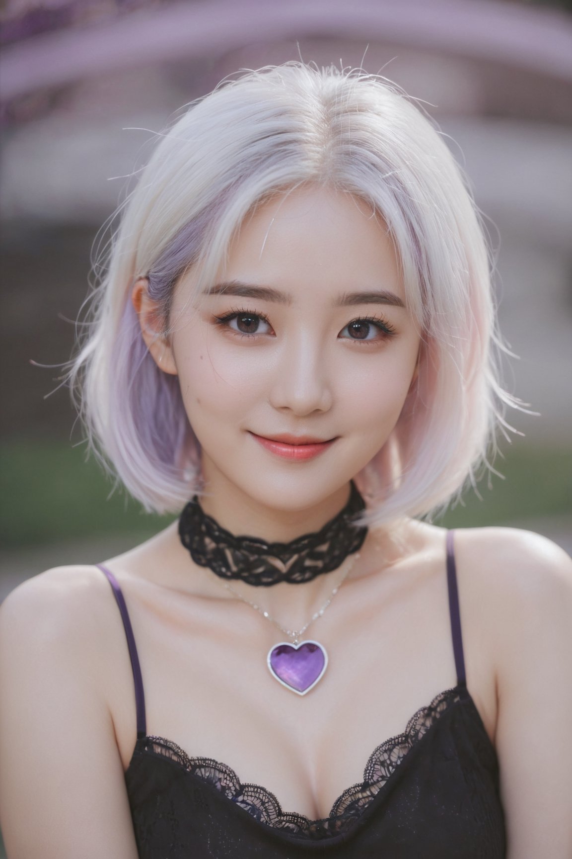 1girl, heart-shaped pupils, fingernails, white hair, purple eyes, (blush:1.1), choker, upper body, trembling, sweat, sweatdrop, heart, (medium breasts:0.6), love, heart, crop top, happy, smile, lace, bokeh, (freckles:0.8), natural skin texture, portrait,Korean