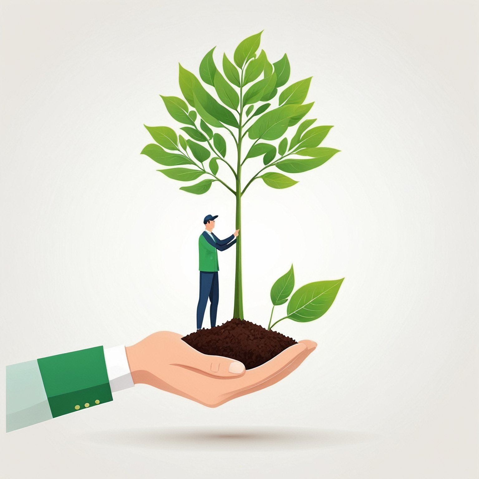 (best quality,8K,highres,masterpiece), ultra-detailed, tree planting, vector illustration, a person holding a plant with a green leaf with a white background