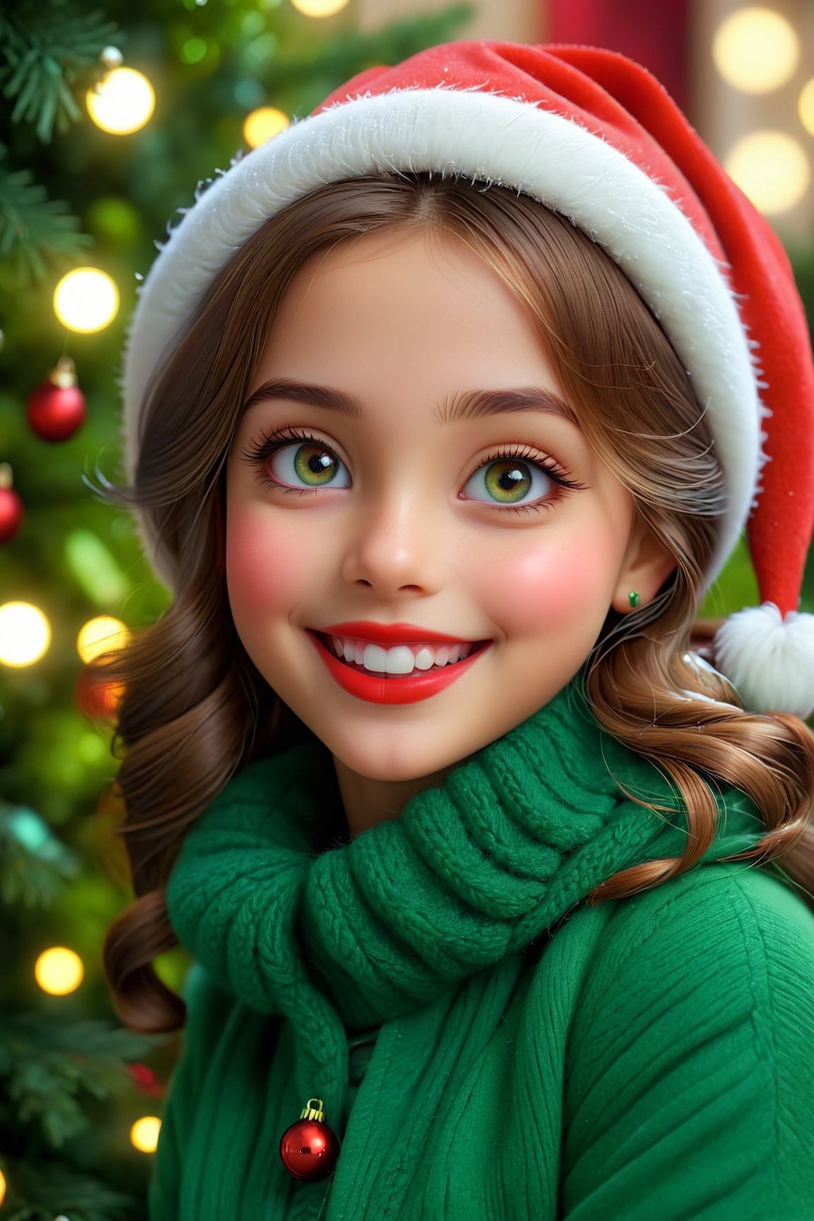 (best quality, 4k, 8k, highres, masterpiece:1.2), ultra-detailed, (realistic, photorealistic, photo-realistic:1.37), cute little girl, cute smile, beautiful detailed eyes, beautiful detailed lips, long eyelashes, portrait, Christmas background, soft lighting, playful expression, red and green color palette, cozy atmosphere, happy mood, warm clothing, decorative ornaments, sparkling snowflakes, joyful celebration, vibrant colors, happy holiday vibes