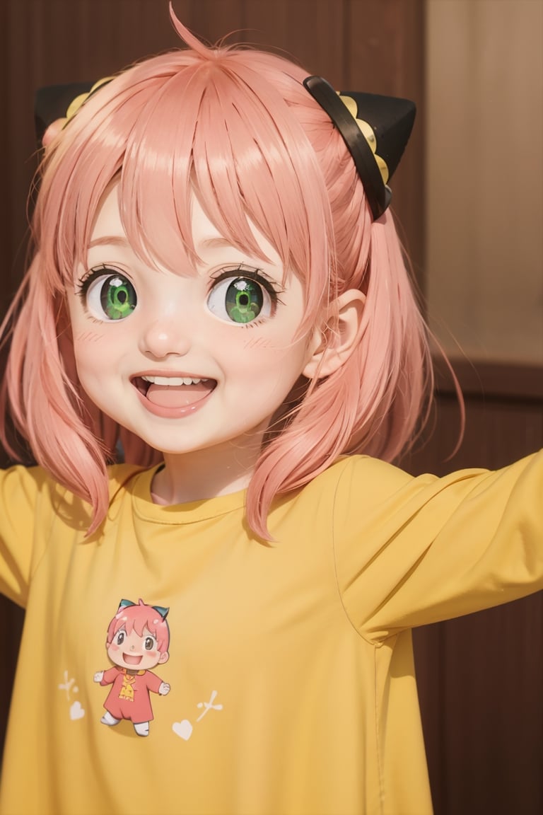 spy x family,  cute tiny, anya forger 1girl, solo, looking at viewer, blush, smile, open mouth, bangs, green eyes, upper body, pink hair, ahoge, :d, teeth, medium hair, upper teeth only, outstretched arms, child, yellow shirt, female child, hairpods, anya (spy x family) spy x family,  cute tiny, anya forger,Epicrealism