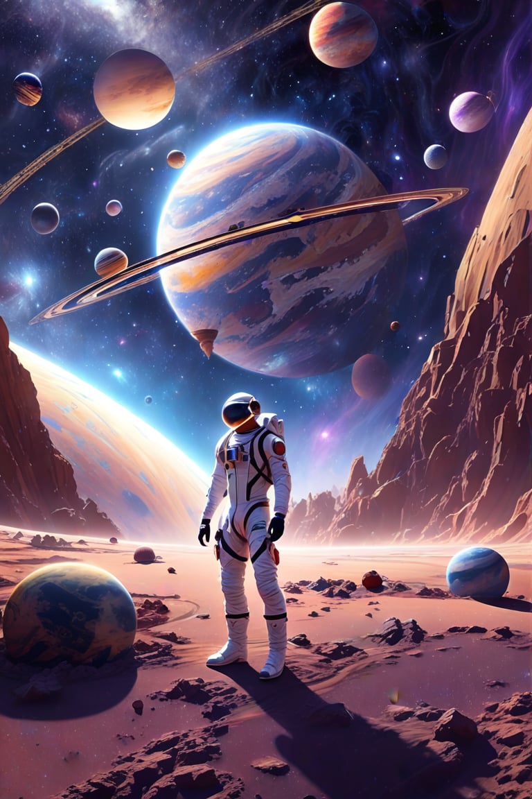 an artist's depiction of a man standing on the surface of an alien planet with planets and other objects in the background,outer space