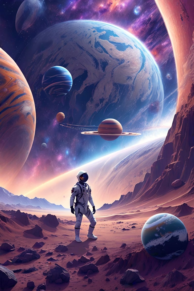 an artist's depiction of a man standing on the surface of an alien planet with planets and other objects in the background,outer space