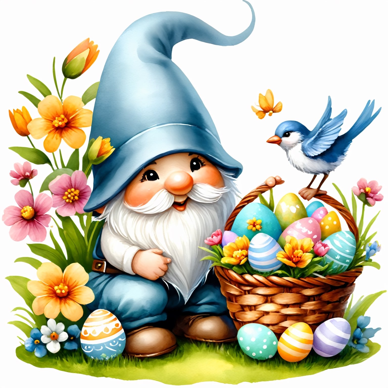 AiArtV,Happy Easter,colorful,easter theme,clipart, a gnome with a basket of flowers and a bird