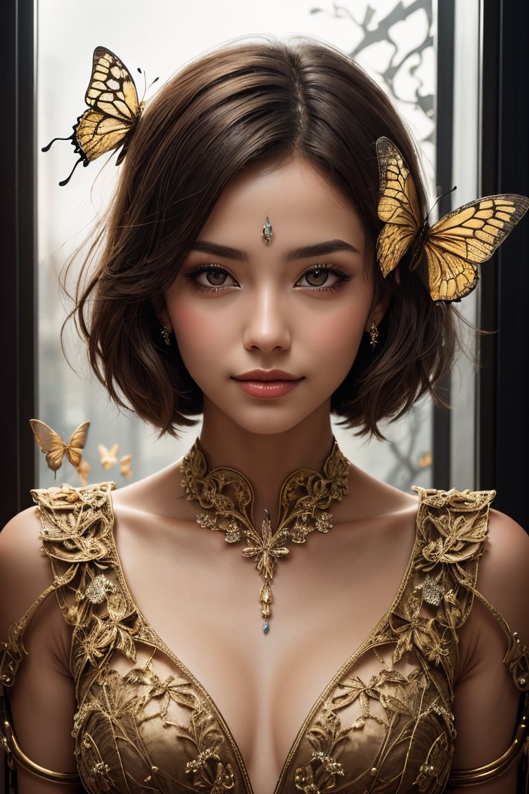 A (highly detailed, elegant) portrait that seamlessly combines elements of digital photography and surreal painting. The subject is a beautiful cyborg with (intricate, majestic) features and brown hair. cute smile, Her cybernetic enhancements are adorned with a (golden butterfly filigree) that adds an element of mystique. The scene is set against a backdrop of (broken glass), creating a unique and captivating blend of beauty and surrealism.