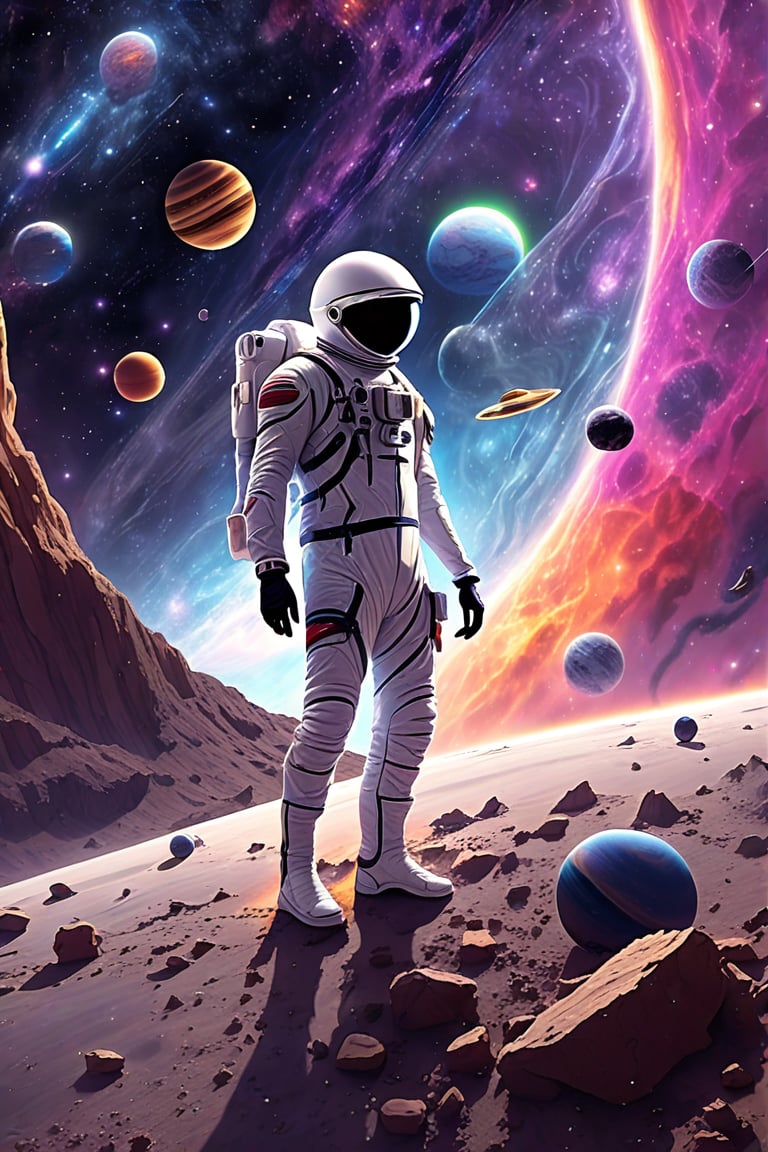 an artist's depiction of a man standing on the surface of an alien planet with planets and other objects in the background,outer space