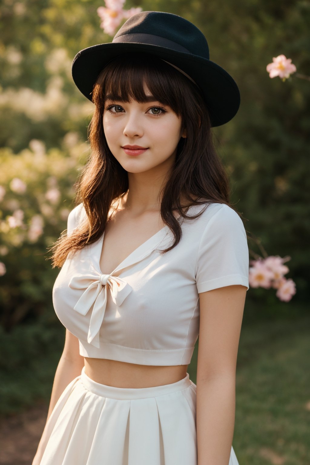 Medium view, medium shot, depth of field, bust, upper body, cinematic angle, masterpiece, best quality, super detailed, CG, 8K wallpaper, beautiful face, delicate eyes, a maiden, solo, smile, bangs, skirt, shirt, hat, dress, bow, petals, bouquet