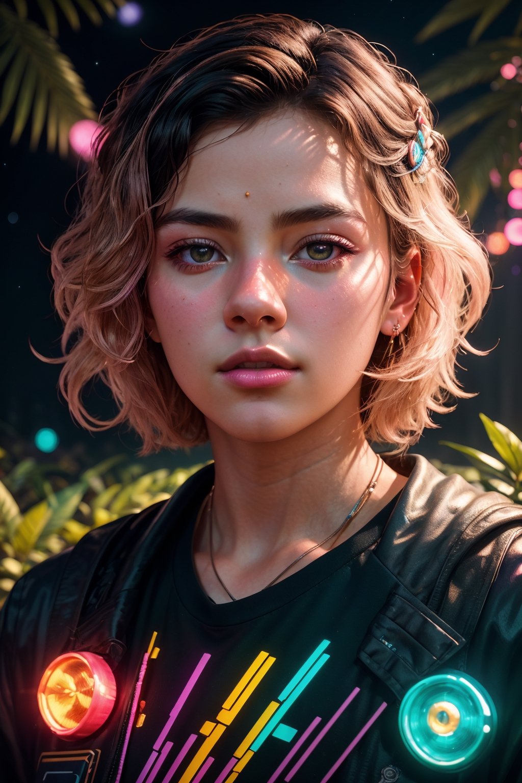 (best quality, 8K, ultra-detailed, masterpiece), (ultra-realistic, photorealistic), A mesmerizing 8K portrait capturing the essence of a solitary boy in a close-up view, his gaze fixed afar, set against the backdrop of a synthwave art style poster. The scene is adorned with lush palm leaves and delicate white flowers, adding an intriguing geometric pattern to the composition. The entire setting is bathed in a neon yellow glow, reminiscent of the synthwave aesthetic, against a dark, starry night sky illuminated by bioluminescent elements. This artwork radiates fortitude and wholesome beauty, inviting you to immerse yourself in its unique and captivating world.
