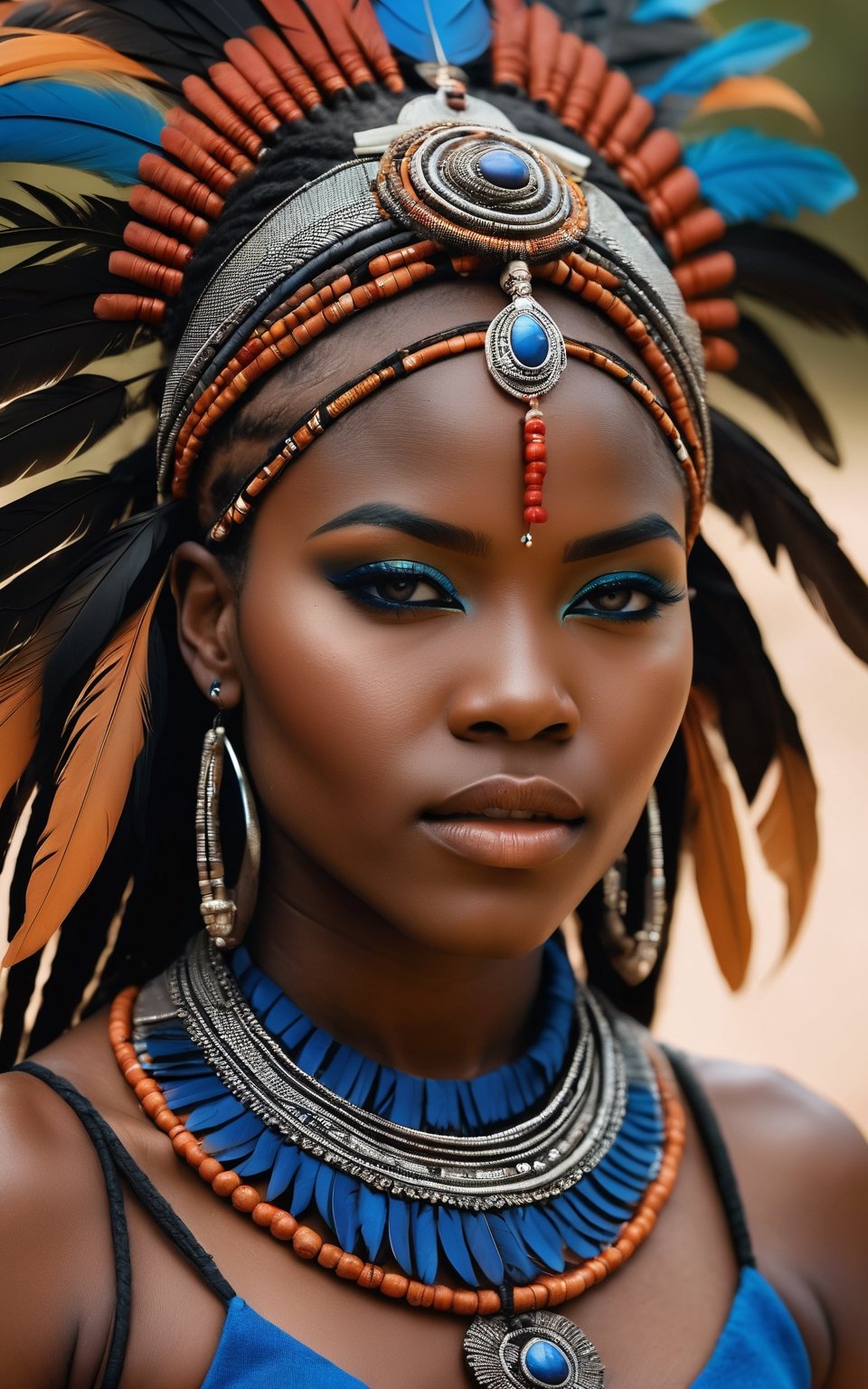 (best quality,8K,highres,masterpiece), ultra-detailed, (medium shot of the most beautiful African girl of the universe), a stunning African girl with a tribal and wild aesthetic. Her skin has a black coal texture surface, adding to her natural beauty and uniqueness. She wears futuristic leather armor and traditional tribal clothes, adorned with intricate tribal necklaces and vibrant blue feathers. The medium shot captures her striking features and powerful presence, showcasing her as the epitome of beauty and strength. Feel free to add your own creative touches to enhance the tribal and futuristic elements, as well as the overall beauty of this captivating portrayal.