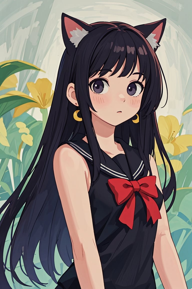 (best quality, 4k, 8k, highres, masterpiece:1.5), ultra-detailed, 1girl,solo,long hair,looking at viewer,blush,bangs,shirt,black hair,bow,jewelry,very long hair,upper body,hair bow,earrings,sleeveless,sailor collar,red bow,black shirt,sleeveless shirt,bell,animal,cat,crescent