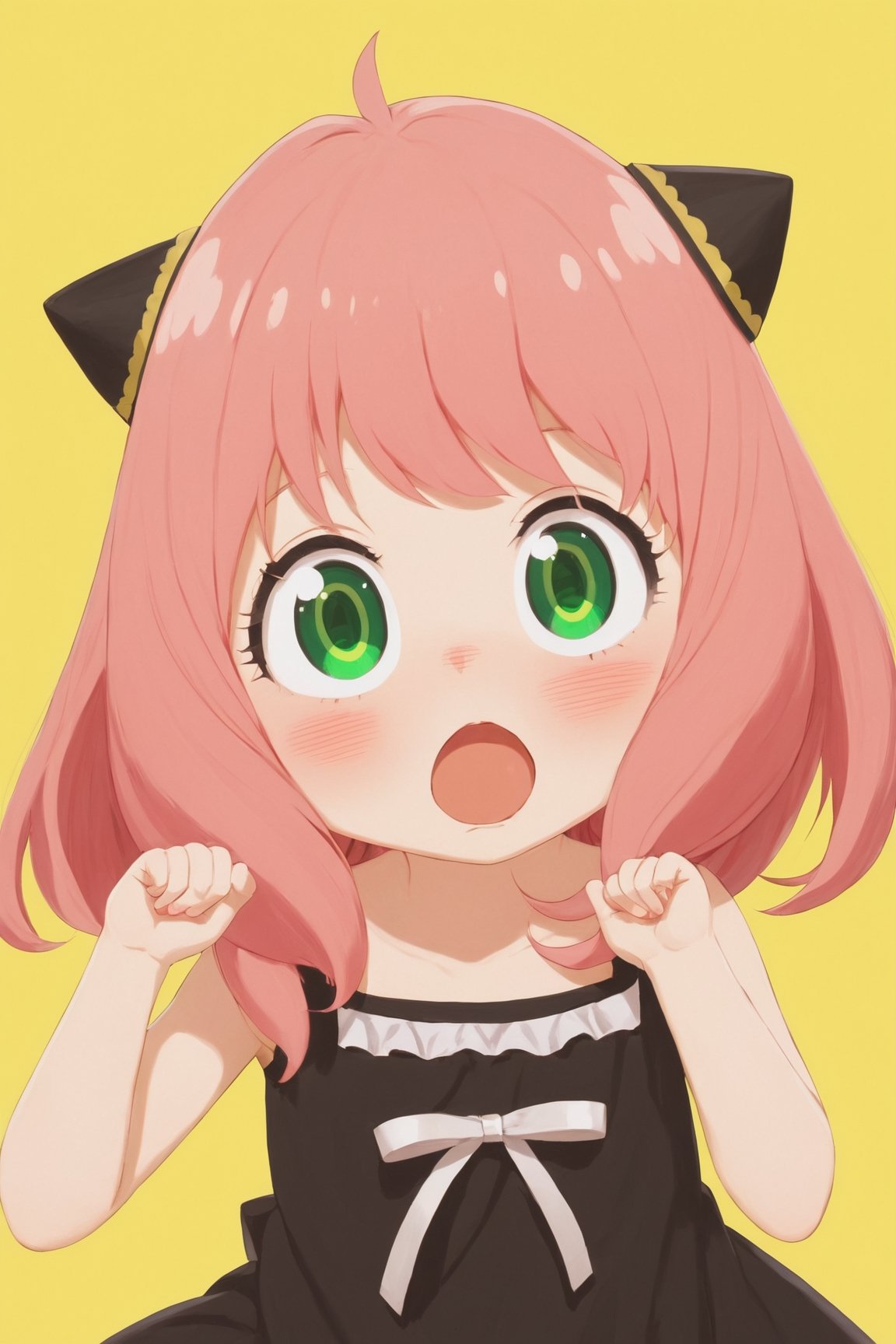 spy x family,  cute tiny, anya forger 1girl, solo, looking at viewer, blush, open mouth, bangs, simple background, dress, hair between eyes, green eyes, upper body, pink hair, ahoge, black dress, child, yellow background, female child, hairpods, anya (spy x family) spy x family,  cute tiny, anya forger