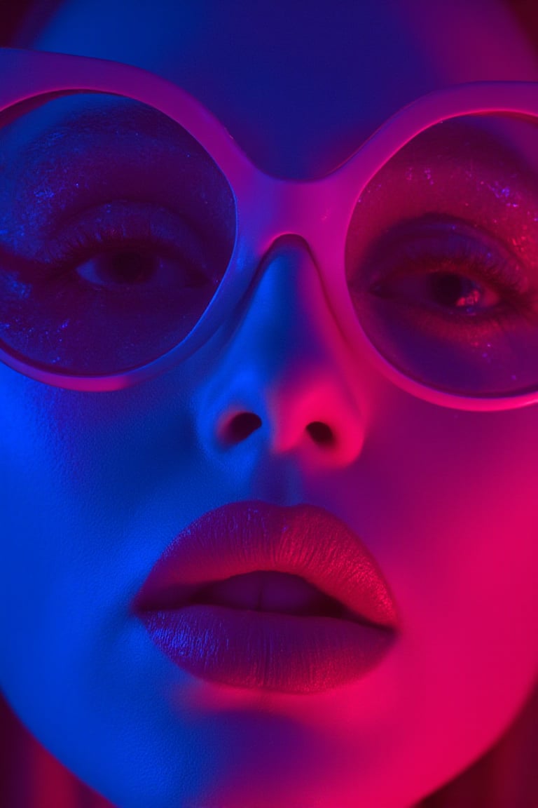 Neon-lit close-up, A hyper-realistic close-up of a beauty supermodel sexy girl face, big lips, bathed in neon pink and purple light with glittering particles on her skin, neon sunglasses with glitter textures patterns, fashion magazine style, beautiful background, Use soft colors and a shallow depth of field