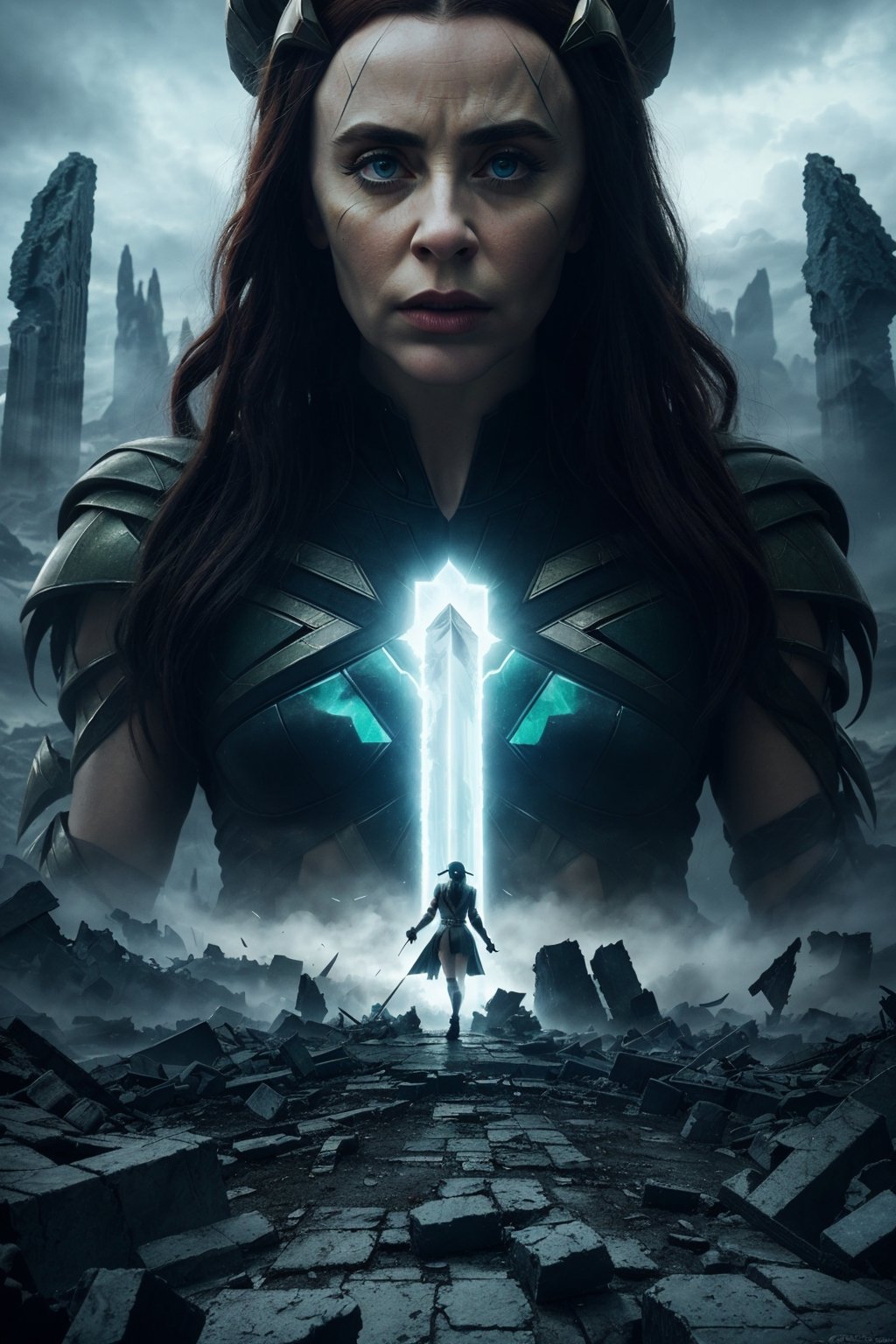 A breathtaking 4K ultra-realistic artwork, (Hela Asgard in a state of uncontrollable rage:1.3), Enveloped in a blazing green aura that crackles with power, Engages in a fierce and epic clash against a formidable adversary within the depths of a dark abyss, (The backdrop of Asgard city in ruins, engulfed in chaos and destruction:1.3), An astonishing portrayal of the battle between light and darkness, where every detail is rendered with unparalleled realism.