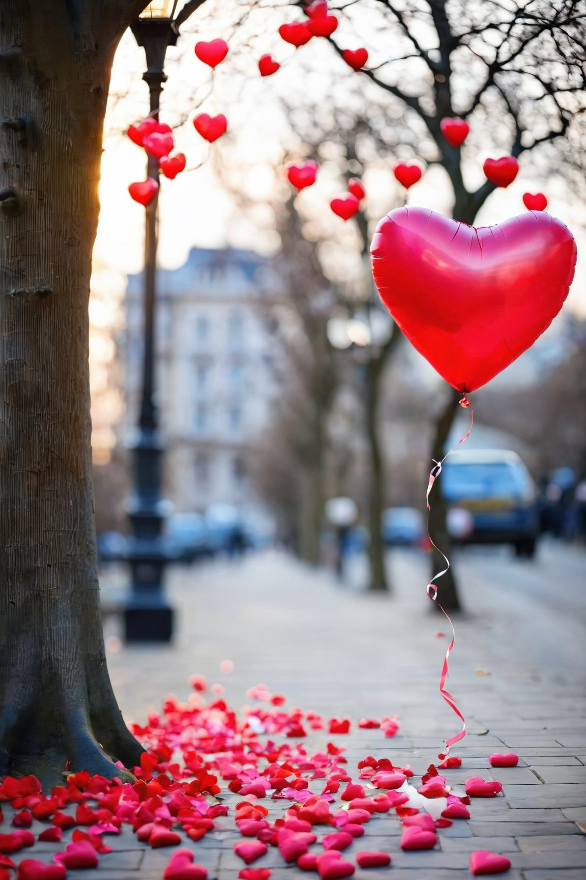 AiArtV,Valentines Day,flower,heart,outdoors,blurry,tree,petals,depth of field,building,scenery,blurry foreground,balloon,lamppost,heart balloon