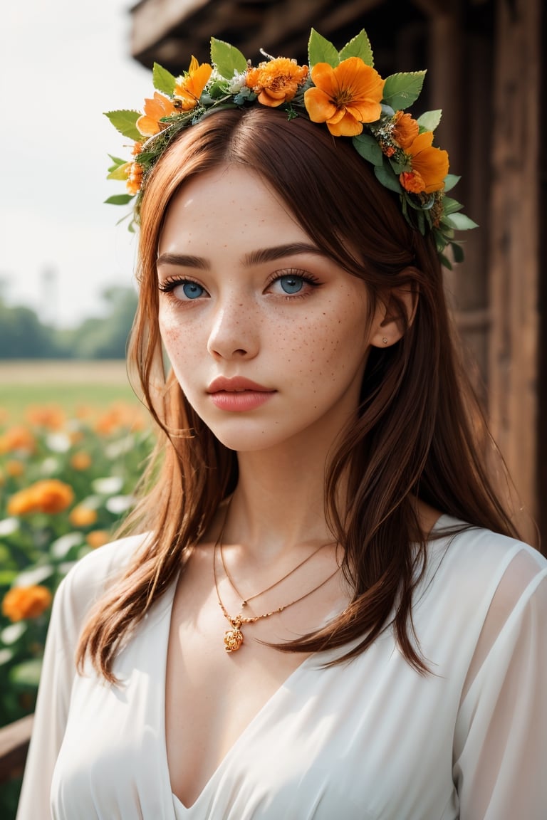 (best quality, 4k, 8k, highres, masterpiece:1.2), ultra-detailed, (realistic, photorealistic, photo-realistic:1.37), hyper realistic, 1girl,long hair,looking at viewer,blue eyes,hair ornament,long sleeves,dress,very long hair,flower,red hair,parted lips,necklace,white dress,orange hair,lips,blurry background,freckles,realistic,head wreath,orange flower